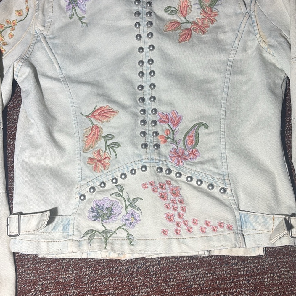 Montanaco Floral Embroidered denim moto Jacket country chic studded zip up - Picture 7 of 16